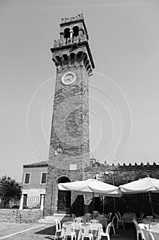 Brick bell tower of the church of San Giacomo in Murano, Venice island, Italy