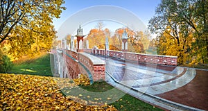 Brick bridge over a ravine in Tsaritsyno park in Moscow