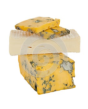 Brick brie and yellow dor blue cheese isolated