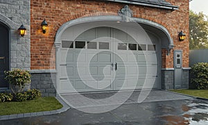 A brick building with a garage door and a window.