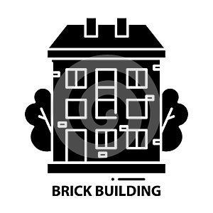 brick building icon, black vector sign with editable strokes, concept illustration