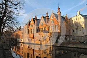 Brick Buildings Along Canal in Brugges, Belgium