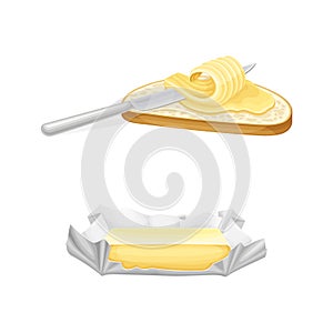 Brick of butter and toast of bread with curl of butter and knife vector illustration