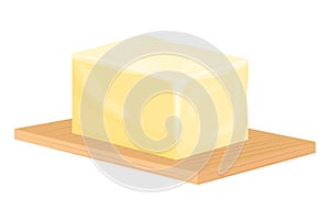 Brick of butter on wooden cutting board in cartoon style isolated on background. Slices of margarine or spread, fatty