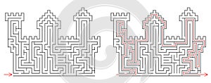 Brick castle labyrinth. Maze inside fortress with towers. Medium difficulty vector puzzle with entry and exit. Riddle