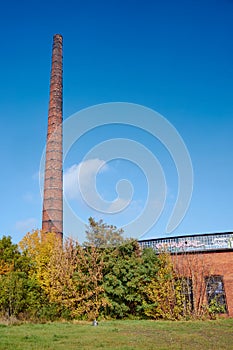 The brick chimney of an abandoned roundhouse