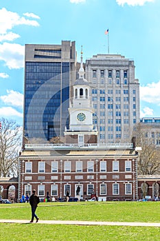 Brick clock tower at historic Independence Hall National Park in