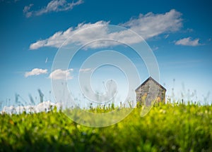 A brick cottage among an evening meadow