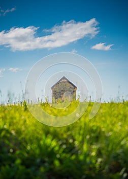 A brick cottage among an evening meadow