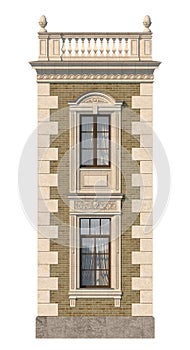 Brick facade of a classic-style house with windows. 3d rendering.