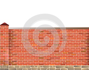 Brick fence with columns and stone foundation. Horizontal seamless design. Isolated on white background Vector.