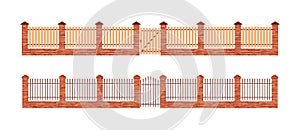 Brick fence. Wooden, metal and brick fence with gate. Barrier for garden, farm and house. Door for enclosure and protection. Wood
