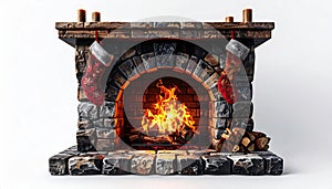 Brick Fireplace with Burning Fire Red Stockings and Logs Against White Background