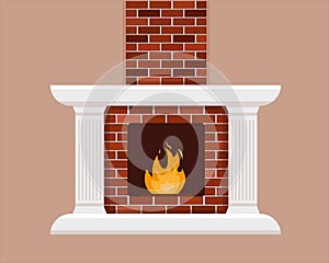 Brick fireplace with flame.