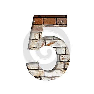 Brick font. Number five, 5 on the background of an old brick wall with peeled paint. Decorative alphabet from old brickwork