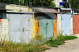 Brick garages with metal gates of garage cooperative