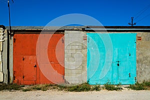 Brick garages with metal gates of garage cooperative