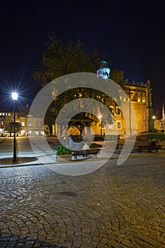 Brick gothic town hall and octagonal renaissance high clock tower on Old Market square