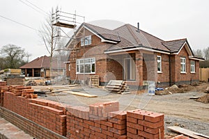 Brick house construction project with building background