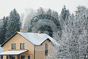 Brick house on a frosty winter day