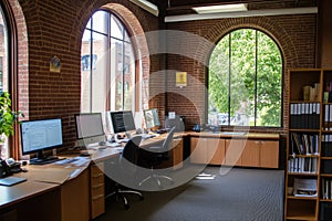 Modern Office Space with Brick Walls and Arch Windows
