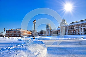 Brick palace in Tsaritsyno park in winter, Moscow Russia