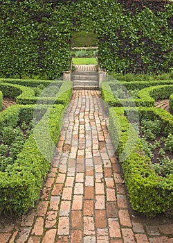 Brick pathway in formal garden