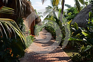 brick pathway leading to a tropical house with a thatched roof