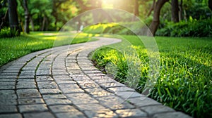 Brick Pathway in Park with Grass