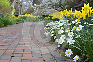 brick pathway with soft daisies and daffodils in rear