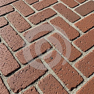 Of a brick pavement showing red rectangular bricks laid in a