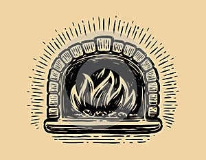 Brick pizza oven with fire. Bakery sketch vintage vector illustration
