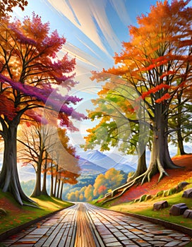 A brick road going through scenery full of fall color