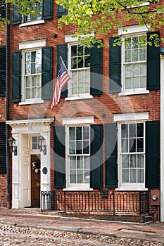 Brick rowhouses and cobblestone street, in Old Town Alexandria, Virginia