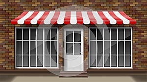 Brick small 3d store front facade Template with awning. Exterior empty shop or boutique with big window. Blank mockup of