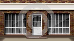 Brick small 3d store or boutique front facade. Exterior empty boutique shop with big window. Blank mockup of stylish