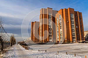 The brick Soviet building made in late constructivist architecture style in Ulan-Ude.