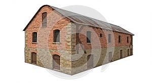 Brick and stone building with a rectangular structure, featuring arched windows and