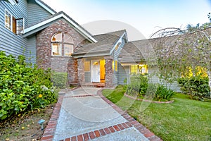 Brick and stone entry of luxury home in San Diego