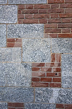Brick And Stone Wall Pattern With Red Brick And Gray Granite Blocks For Exterior Backgrounds