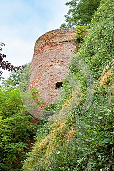 Brick tower of the little fortified village Belvedere Fogliense in Italy