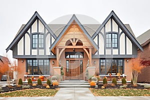 brick tudor, gable with timber frames