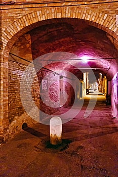 Brick tunnel with purple lights