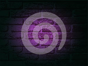 Brick vector wall with purple neon light. Lighting effect yellow color glow on old grunge brick texture. Vignette design