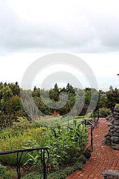 A brick walking path through an outdoor garden in Maui, Hawai