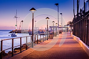 Brick walkway to boat dock in early sunrise light, streelights on, shadows, quiet, calm peaceful, Avalon, Santa Catalina Island, C