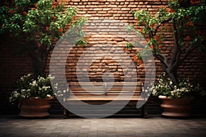 Brick wall backdrop frames a lush bench, an inviting resting spot