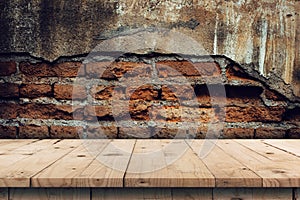 Brick wall background and empty wooden table display montage for