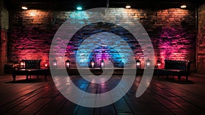 Brick wall, background, neon lights, wooden floor and chairs