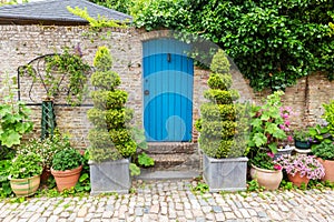 Brick wall with a blue door and pot plants in front in Veere, Netherlands